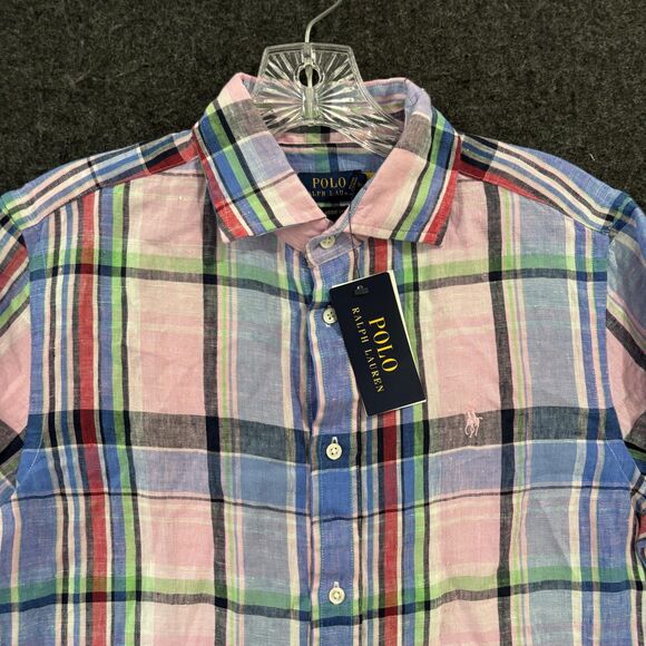Polo Ralph Lauren Shirt Mens Medium Pink Blue Plaid Classic Fit 100% Linen Woven - Picture 2 of 9